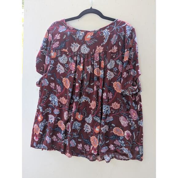 Lucky Brand Floral Print Lace Up Blouse top Shirt Size 3XL Burgundy Floral Boho - Picture 6 of 6